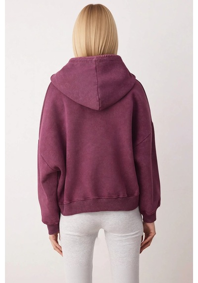 Benerly Kadın Kapüşonlu Düşük Kol Örme Sweatshirt Fonksiyonel Dayanıklı K Mürdüm