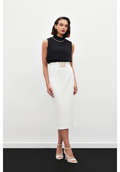 Sateen Aksesuar Detaylı Kalem Etek - Ekru-134580 Ekru