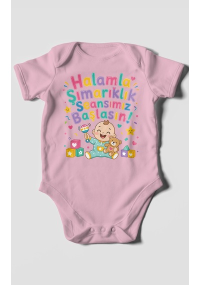 Morivokids Halamla Şımarıklık Seansımız Başlasın Kısa Kollu Bebek Body %100 Pamuk Koyu Pembe
