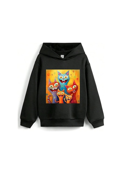 Stil X Sevimli Kediler Baskılı Kapüşonlu Çocuk Sweatshırt Siyah-4