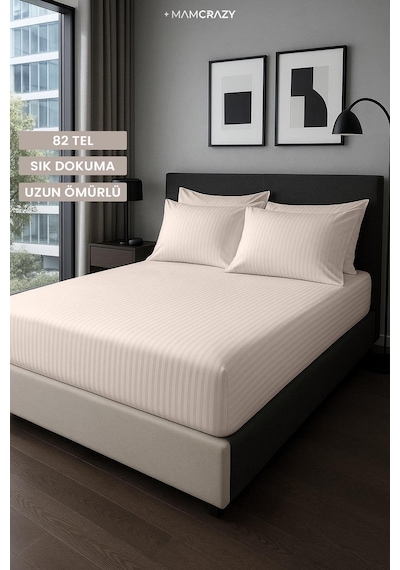 Satin Stripe %100 Pamuk Saten Çift Kişilik Çizgili Lastikli Çarşaf Seti Yastıklı 160x200+30 Bej