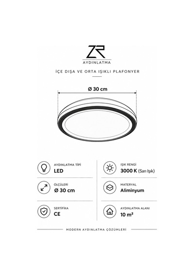 Antrasit Ø30 cm Yuvarlak Avize 3000K Sarı Işık Led Tavan Lambası