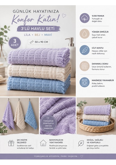 3'lü Pamuklu El Yüz Havlusu Seti 50x90 Cm Yumuşak Dokulu Yüksek Emici Günlük Kullanım Havlu Lila