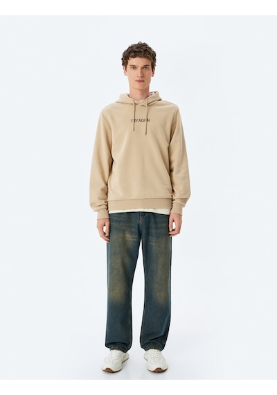 Koton Slogan Baskılı Pamuk Karışımlı Şardonlu Kapşonlu Sweatshirt Bej 5wam70242mk Ekru