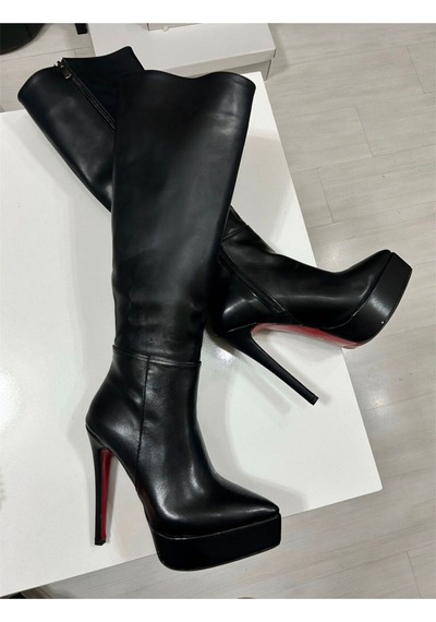 Hoxie Kadın Topuk Uzun Çizme Fermuarlı Diz Altı Boy Topuk 12cm Ön Platform 4cm Siyah