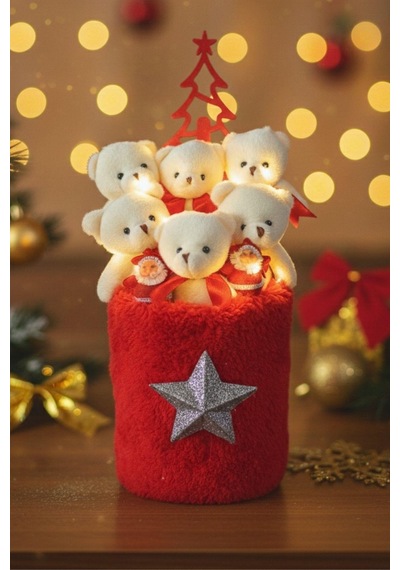 Yeniyıl Özel Seri: Premium Silindir Gümüş Yıldız Detaylı Peluş Kutuda Yılbaşı Temalı Led Işıklı Noel Ağaçlı Ve Noel Babalı, Özel Konsept Yeniyıl Ayıcık Buketi