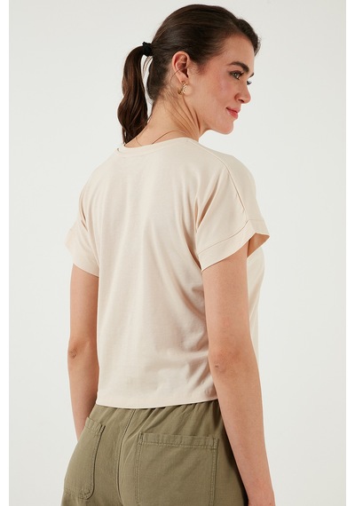 Lela Pamuklu Tek Cepli Regular Fit Bisiklet Yaka Bayan T Shirt 5865818 Taş