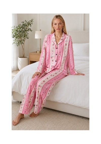 Fit Women Kadın Desenli Relaxed Pembe Pijama Takımı 4658