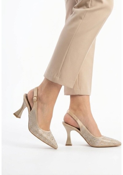 Asmi Shoes Kadın Monica Taşlı Bej Saten 7 Cm İnce Topuklu Ayakkabı & Stiletto