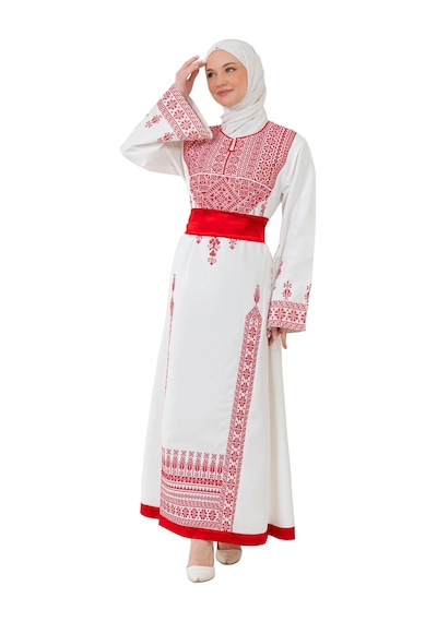 Zaytoon Filistin Nakışlı Modern Beyaz Kaftan Elbise - Geleneksel Şıklık Kırmızı