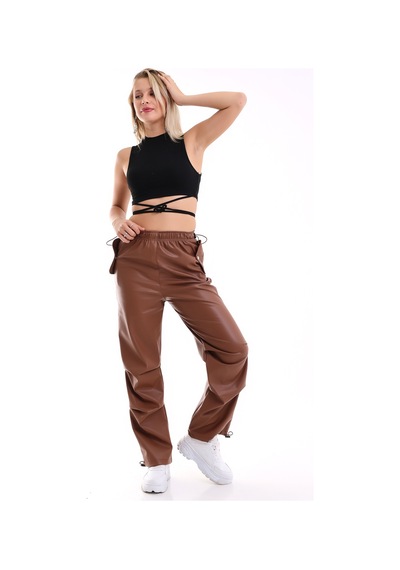Winmoda34 Kadın Paçası Ayarlanabilir Cebi Kapaklı Yüksek Bel Deri Pantolon kahve
