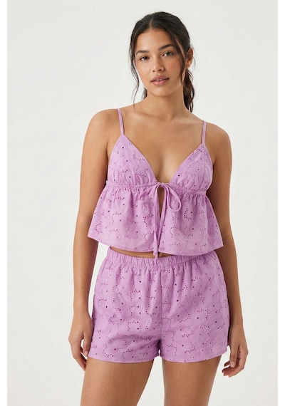 Kadın Lila Astarlı Kendinden Desenli Dokuma Şortlu Pijama Takımı Mor