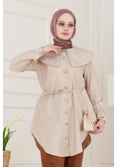 Sevitli Beli Bağcık Detaylı Geniş Yaka Tunik-vizon-4987 Vizon