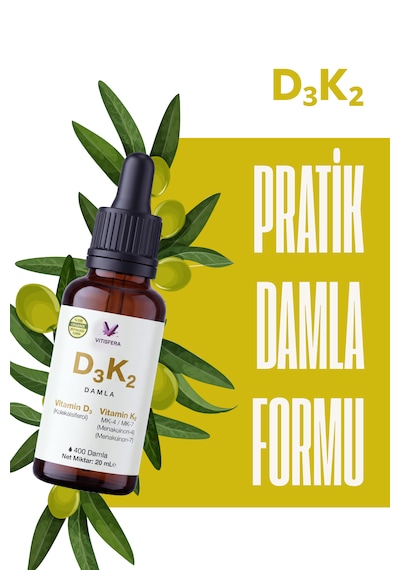 D3k2 Damla - 20 Ml - 400 Damla - 1000 Iu D3 & 20 Mcg K2 - %100 Organik Zeytinyağı Bazlı