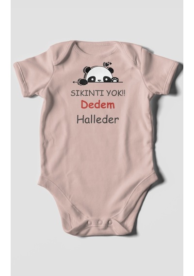 Sıkıntı Yok Dedem Halleder Baskılı Bebek Zıbını Çıtçıtlı Body %100 Pamuk Kısa Kol Pastel Pembe
