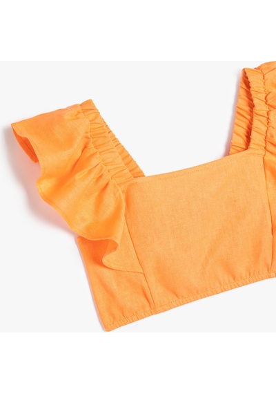 Koton Keten Crop Bluz Kelebek Kollu Kare Yaka Turuncu 4skg60057aw Turuncu