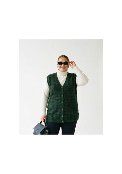 Onno Style Women Büyük Beden Klasik Triko Renkli Düğmeli Çelik Örgü Kadın Yelek Yeşil