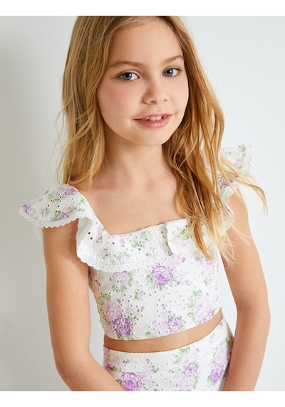 Koton Crop Bluz Fistolu Çiçek Desenli Fırfırlı Lila Desenli 4skg60002ew Lila