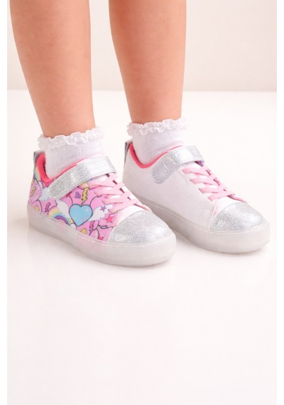 Mini Bonito Kız Çocuk Desenli Işıklı Led Tabanlı Simli Cırt Cırtlı Sneaker Gümüş