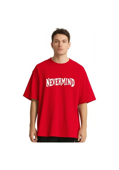 Nevermind Unisex Oversize Tişört Ön Yazı Ve Arka Şehir Manzaralı Kırık Ca Kırmızı
