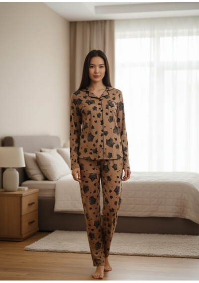 Kadın Pamuklu Yaprak Desenli Boydan Düğmeli Likralı Pijama Takım Kahverengi