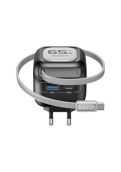 Uc253 65w Gan Hızlı Şarj Adaptörü Geri Çekilebilir Kablolu Pd Type-c Siyah
