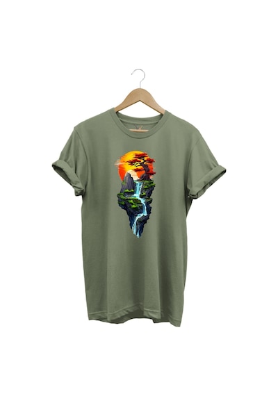 Manzara Ağaç Güneş Dağ Ve Nehir Baskılı %100 Pamuk Regular Fit Bisiklet Yaka Haki T-shirt Haki