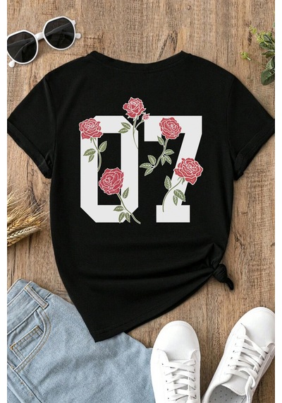 Spoyi Street Rose Tasarımlı %100 Pamuk Yarım Oversize Siyah T-shirt