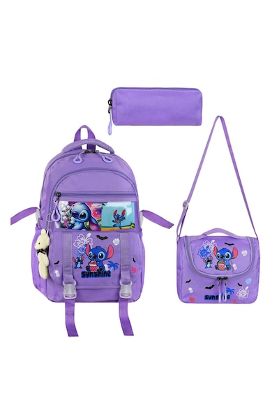 Stitch Baskılı Ortopedik Aksesuarlı Anahtarlıklı Okul Çantası Termal Beslenme Ve Kalemlikli Set Mor