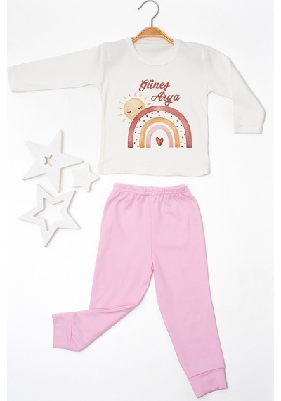 Pia Baby İsme Özel Kız Çocuk Pijama Takımı %100 Pamuk Penye İsim Baskılı Kişiye Özel Çocuk Pijaması 10628p14pi Krem