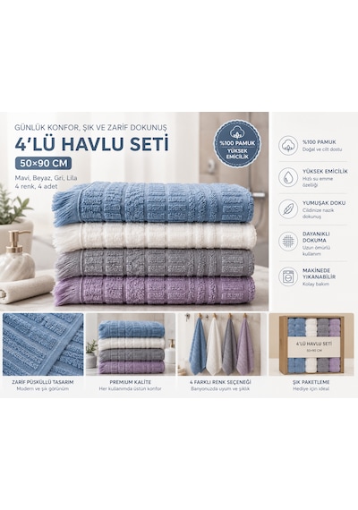 4'lü El Ve Yüz Havlusu Seti 50x90 Cm Pamuklu Yumuşak Dokulu Yüksek Su Emici Günlük Kullanım Premium Kalite Mavi