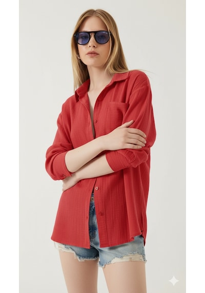 Thiff Gymwear Kadın Oversize Basic Cepli Müslin Gömlek Kırmızı