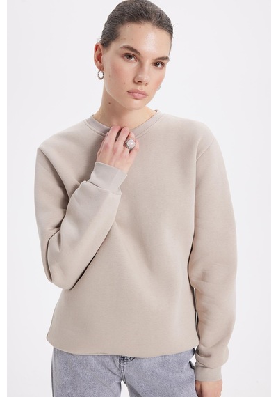 Tudors Kadın Oversize Geniş Kesim Pamuklu 3 İplik İçi Polarlı Basic Taş Bisiklet Yaka Sweatshirt-42070 Taş