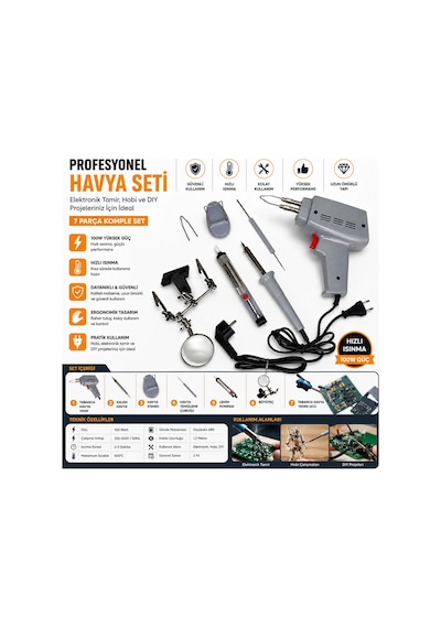 100W Profesyonel Havya Seti 7 Parça Tabanca Havya + 30W Kalem Havya Lehim Tamir Kiti Büyüteçli Taşıma Çantalı -