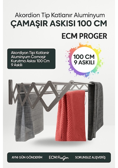 Ecm Proger Akordiyon Katlanabilir Çamaşır Kurutma Askısı - 100 Cm Genişlik 9 Çubuklu Model Açık Gri