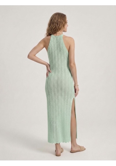 Neden Tekstil Kadın Ajurlu Halter Yaka Yırtmaçlı Uzun Beachwear Elbise - Plaj Elbisesi - Mint Yeşili