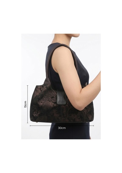 Levano Leather Şal Desenli Siyah Bronz Işıltılı Kol Çantası Siyah