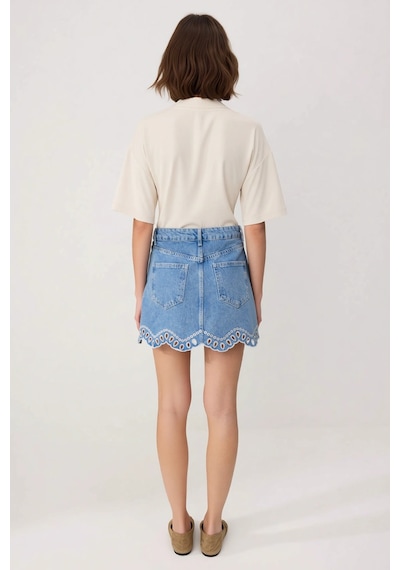 Benerly Kadın Mini Denim Etek Brode İşlemeli Detaylı Scallop Kesim %100 P Mavi