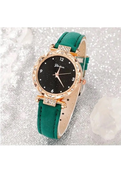Kadın Yuvarlak Saat Ve Kolye+küpe+yüzük Takı Seti, 5 Adet/takım Yeşil