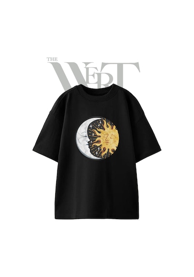 Thewert Moon Sun Tasarım Baskılı Ünisex Siyah Oversize T-shirt