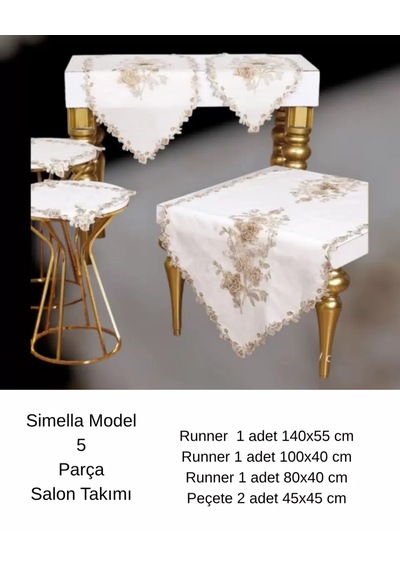 Salon Takımı 5 Parça Nakış İşlemeli Masa Örtüsü Runner Seti Çeyizlik Simella Model Krem-kapi Çok Renkli