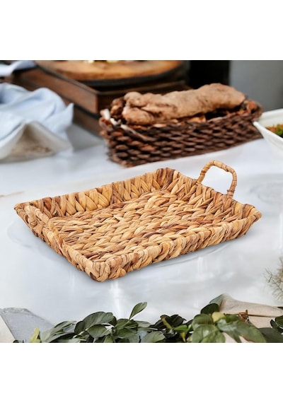 El Yapımı Su Sümbülü Hasır Kulplu Dekoratif Tepsi Büyük Boy 32cm 25cm 4cm