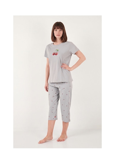 Lela Desenli Pamuklu Bisiklet Yaka Kaprili Pijama Takımı Bayan Pijama Takımı 65790787 Gri