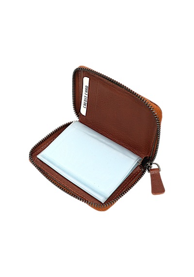 Westpolo Hakiki Deri Bol Şeffaf Kart Bölmeli Fermuarlı Unisex Cüzdan - Taba Taba