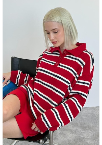 Madmext Kırmızı Polo Yaka Çizgili Kadın Triko Kazak Mg2469 Kırmızı