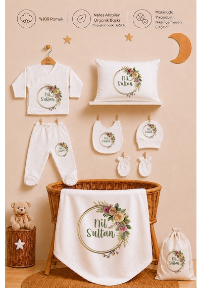 Pia Baby Kişiye Özel %100 Pamuk Kız Bebek Hastane Çıkışı Zıbın Seti 8 Parça Kese Hediyeli 1094zybk0x Krem