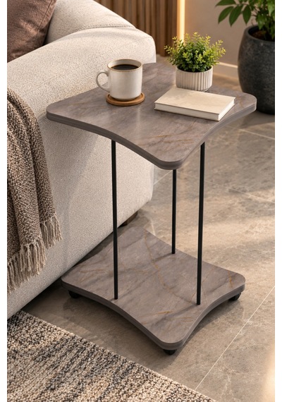 Sulorahome Yan Sehpa - Tekerlekli Metal Ayaklı Servis Sehpası Gri Mermer