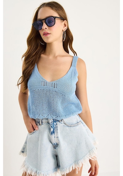 Shade Kadın Ajurlu Askılı Crop Triko Bluz 20251031 - Bebe Mavisi