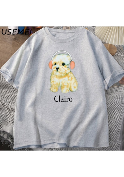 Flood Of Style Clairo Köpek Yavrusu Kulaklık T-shirt Komik Sevimli Kedi Tee Merch Y2k Erkek Giyim Büyük Boy Gri