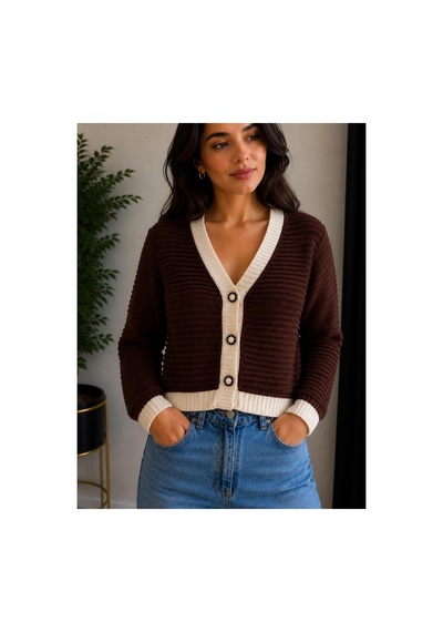 Hira Life Fashion Kadın V Yaka Düğmeli Şeritli Kısa Crop Ceket-hırka Kahverengi Kahverengi Hira Life Fashion Kadın V Yaka Düğmeli Şeritli Kısa Crop Ceket-hırka Kahverengi Kahverengi